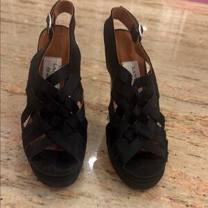 Lanvin Black Silk Criss Cross Woven Slingback Sandals with Wooden Heel NWT 39